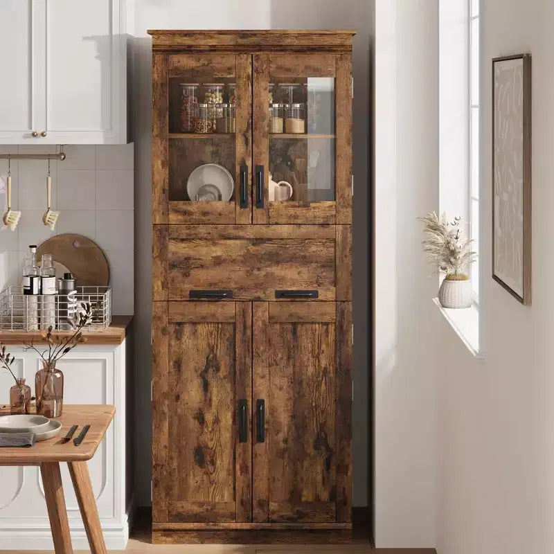 Meuble haut de 170 cm avec 4 portes et tiroir en verre basculant, Armoire de rangement avec étagères réglables, Organisateur autoportant pour cuisine, cellier, salon