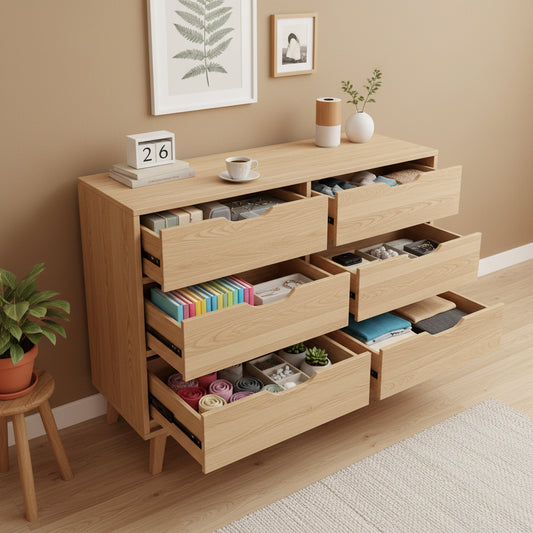 Commode à 8 tiroirs pour chambre à coucher, organisateur double de 54 po en bois naturel avec poignée concave, commode moderne pour chambre à coucher, salon, chambre de bébé