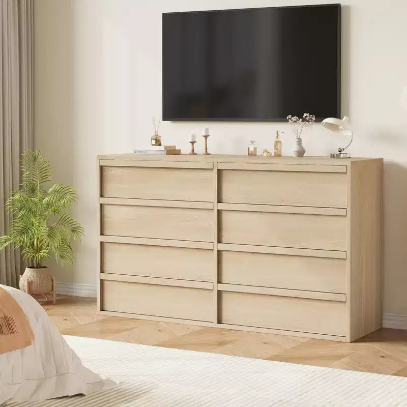 Commode à 8 tiroirs pour chambre à coucher, organisateur double de 54 po en bois naturel avec poignée concave, commode moderne pour chambre à coucher, salon, chambre de bébé