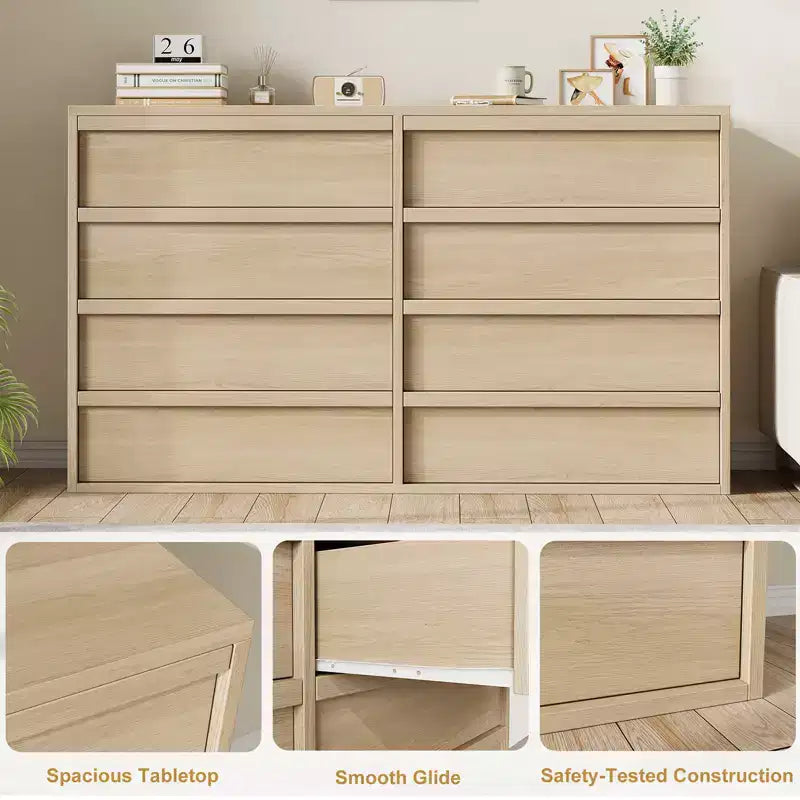 Commode à 8 tiroirs pour chambre à coucher, organisateur double de 54 po en bois naturel avec poignée concave, commode moderne pour chambre à coucher, salon, chambre de bébé