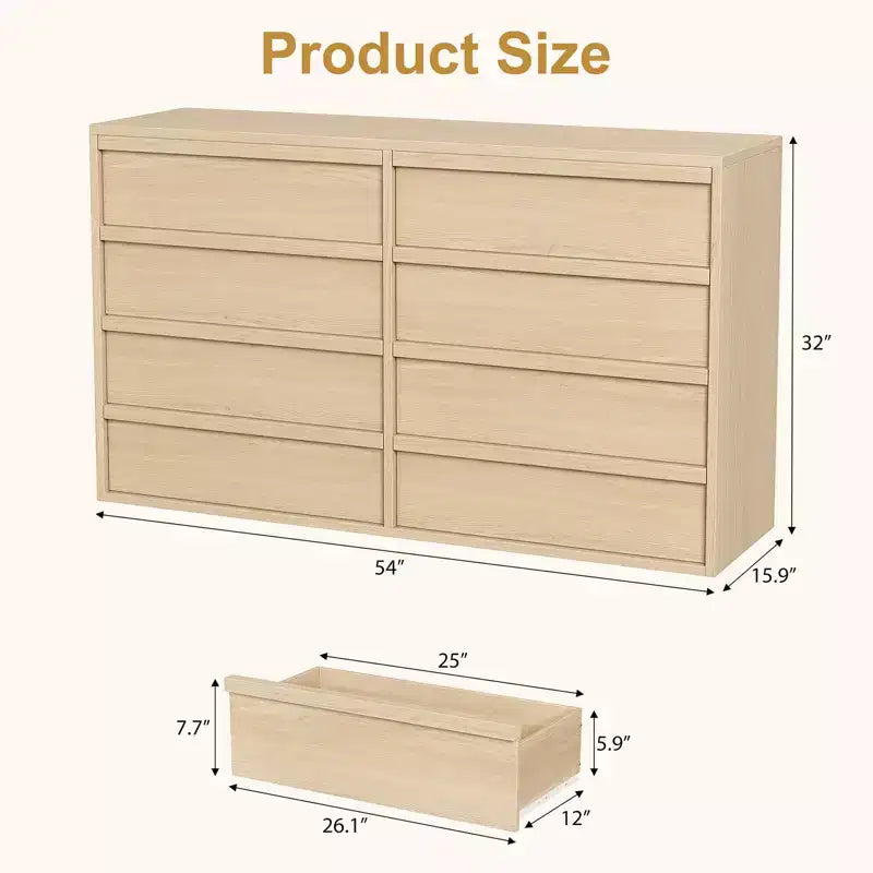 Commode à 8 tiroirs pour chambre à coucher, organisateur double de 54 po en bois naturel avec poignée concave, commode moderne pour chambre à coucher, salon, chambre de bébé
