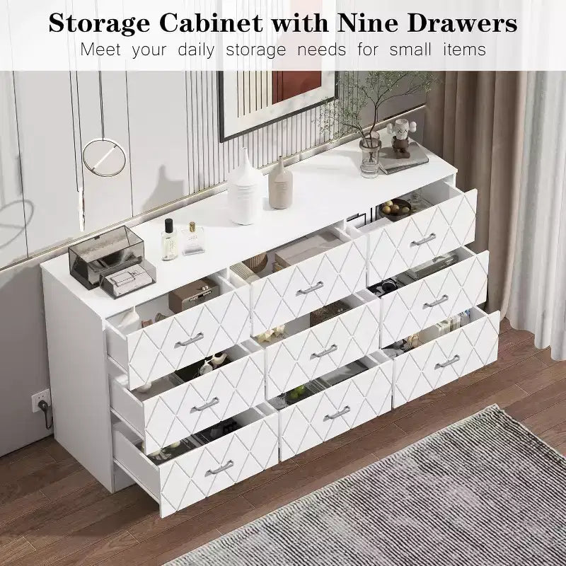 Commode en bois de 63 po pour chambre à coucher avec prise USB, grande commode moderne, organisateur de rangement pour salon, placard, couloir ou bureau