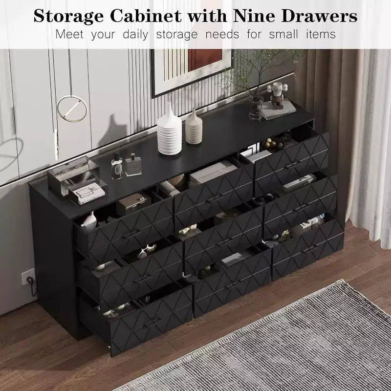Commode en bois de 63 po pour chambre à coucher avec prise USB, grande commode moderne, organisateur de rangement pour salon, placard, couloir ou bureau