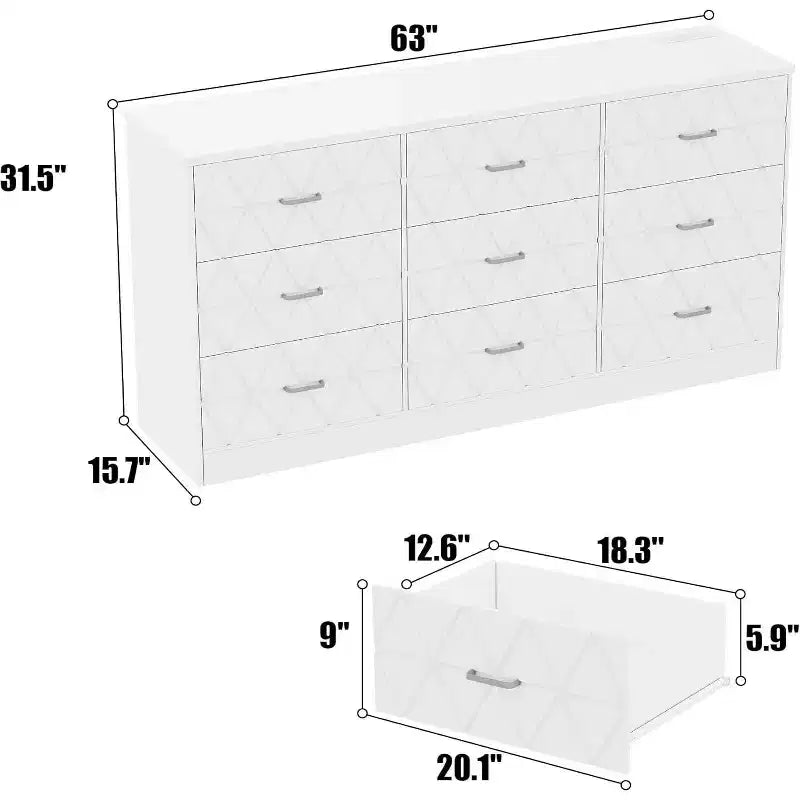 Commode en bois de 63 po pour chambre à coucher avec prise USB, grande commode moderne, organisateur de rangement pour salon, placard, couloir ou bureau