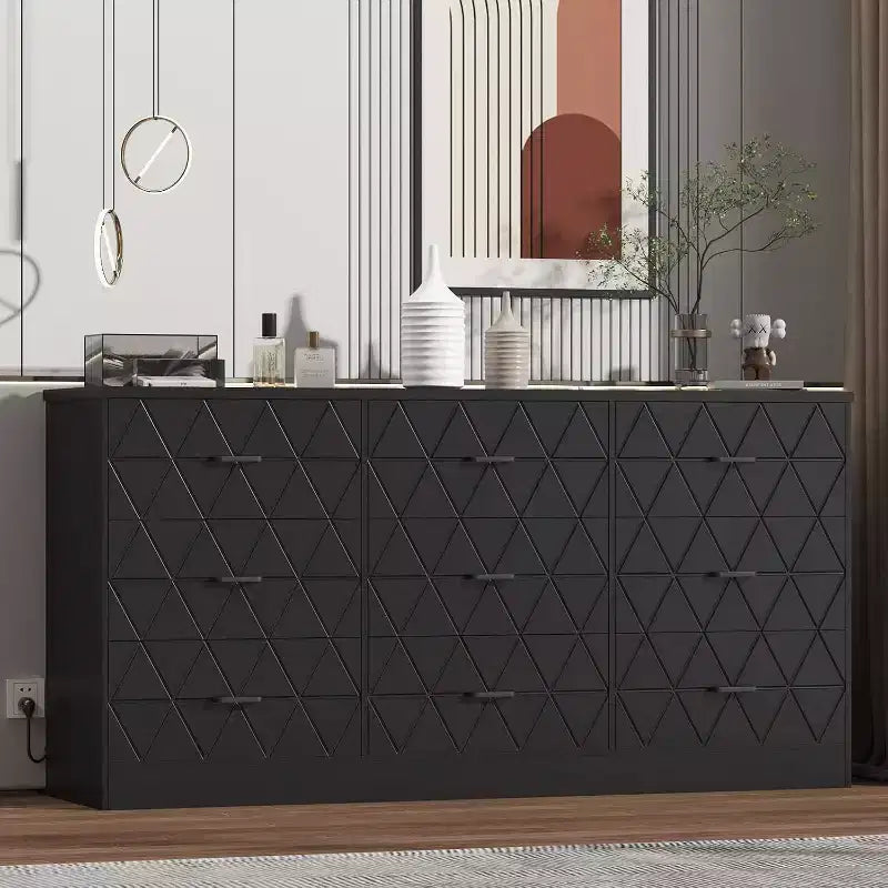 Commode en bois de 63 po pour chambre à coucher avec prise USB, grande commode moderne, organisateur de rangement pour salon, placard, couloir ou bureau