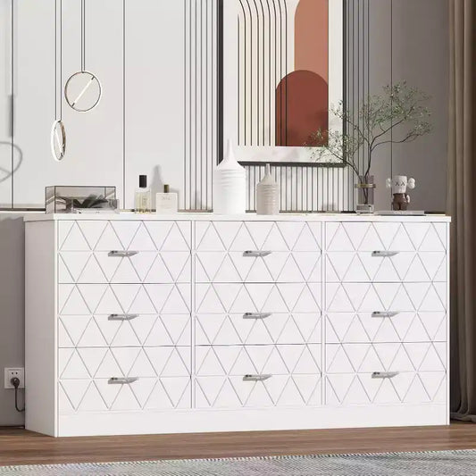 63'' Wooden Dresser for Bedroom with USB Power Outlet, Modern Large Chest of Drawers, Storage Organizer for Living Room, Closet, Hallway, or Office