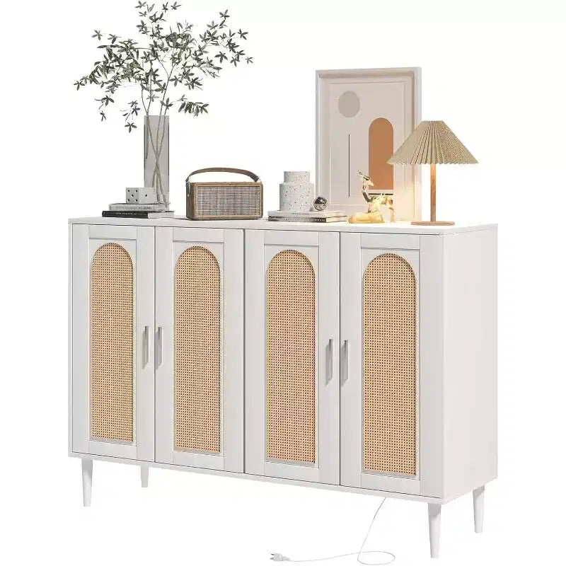 Buffet en rotin avec prise de courant et étagères réglables, meuble de rangement pour cuisine, salle à manger, entrée (noir)