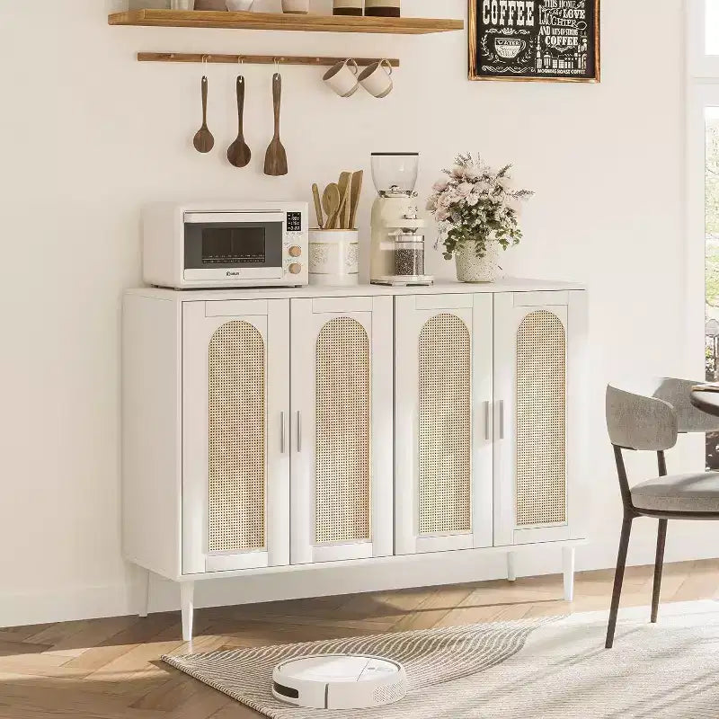 Buffet en rotin avec prise de courant et étagères réglables, meuble de rangement pour cuisine, salle à manger, entrée (noir)