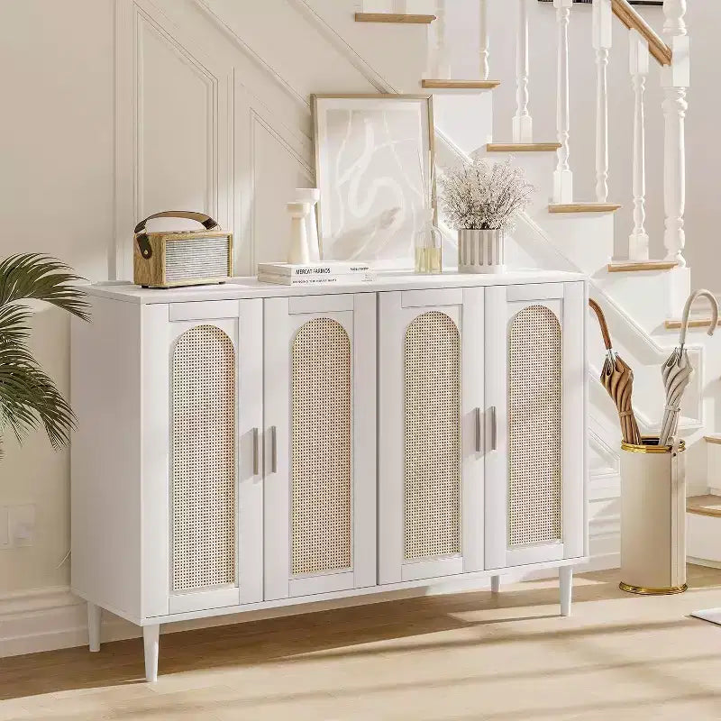 Buffet en rotin avec prise de courant et étagères réglables, meuble de rangement pour cuisine, salle à manger, entrée (noir)