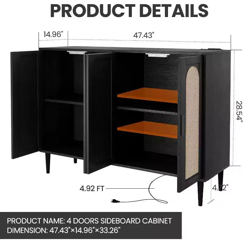Buffet en rotin avec prise de courant et étagères réglables, meuble de rangement pour cuisine, salle à manger, entrée (noir)