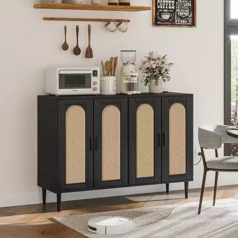 Buffet en rotin avec prise de courant et étagères réglables, meuble de rangement pour cuisine, salle à manger, entrée (noir)