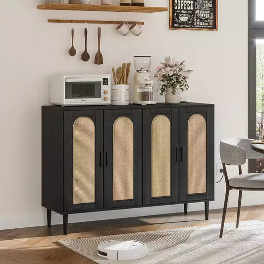 Buffet en rotin avec prise de courant et étagères réglables, meuble de rangement pour cuisine, salle à manger, entrée (noir)