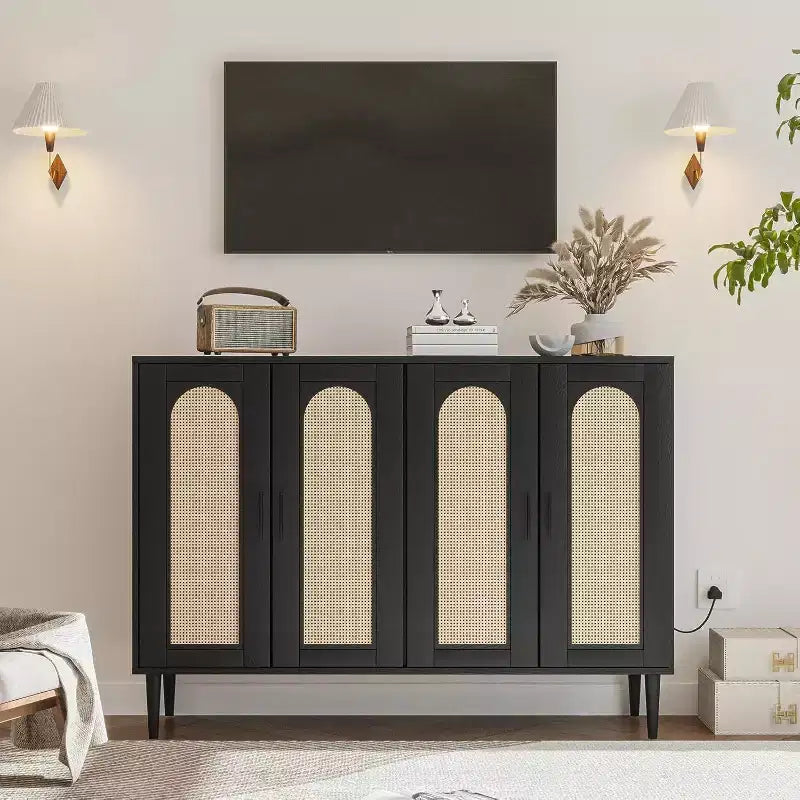 Buffet en rotin avec prise de courant et étagères réglables, meuble de rangement pour cuisine, salle à manger, entrée (noir)