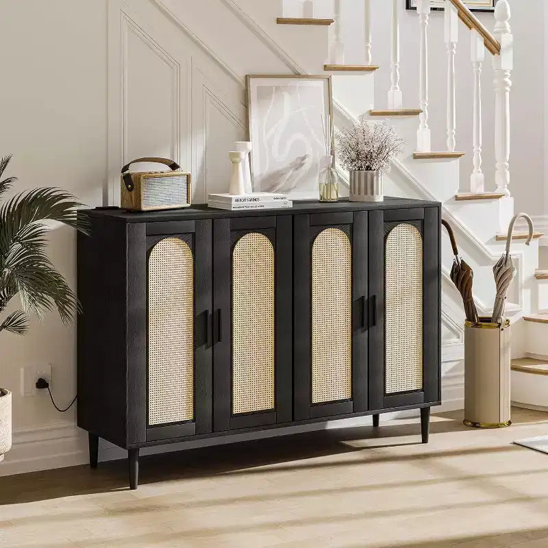 Buffet en rotin avec prise de courant et étagères réglables, meuble de rangement pour cuisine, salle à manger, entrée (noir)