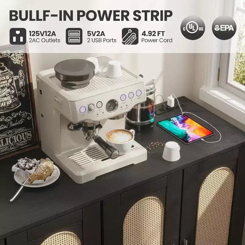 Buffet en rotin avec prise de courant et étagères réglables, meuble de rangement pour cuisine, salle à manger, entrée (noir)