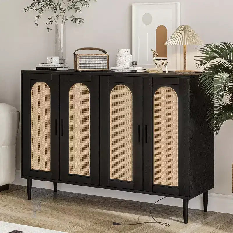 Buffet en rotin avec prise de courant et étagères réglables, meuble de rangement pour cuisine, salle à manger, entrée (noir)