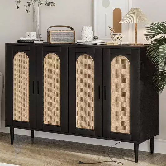 Acekool Rattan Buffet Cabinet with Power Outlet & Adjustable Shelves  Storage Sideboard for Kitchen, Dining Room, Entryway (Black)