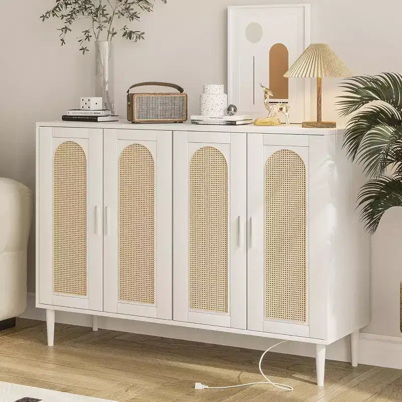 Buffet en rotin avec prise de courant et étagères réglables, meuble de rangement pour cuisine, salle à manger, entrée (noir)