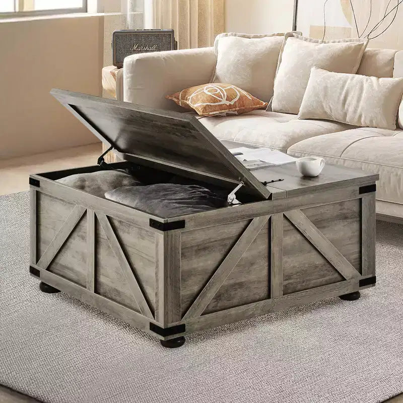 Table basse de ferme 36, Table basse carrée à charnières avec grand compartiment de rangement, Table basse rustique en bois