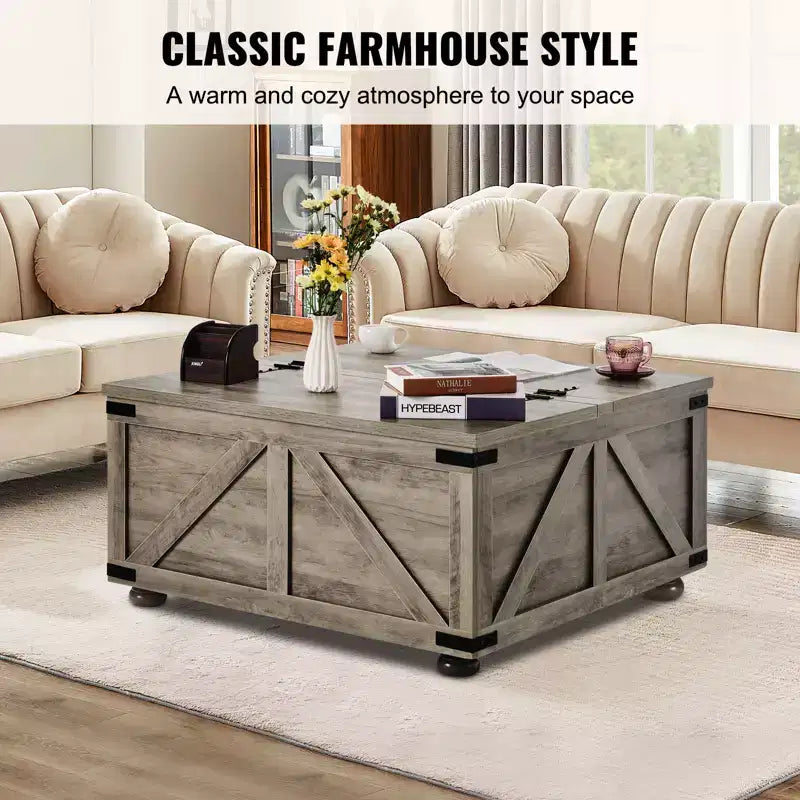 Table basse de ferme 36, Table basse carrée à charnières avec grand compartiment de rangement, Table basse rustique en bois