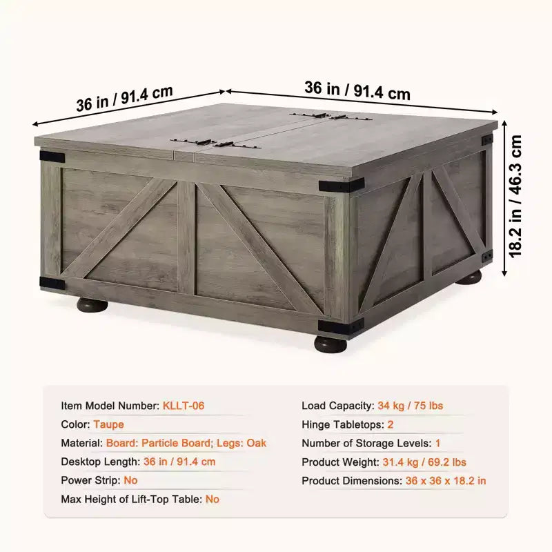 Table basse de ferme 36, Table basse carrée à charnières avec grand compartiment de rangement, Table basse rustique en bois