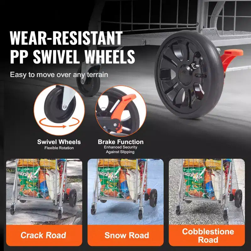 Chariot de courses pliable, capacité de charge maximale de 30 kg, chariot utilitaire d'épicerie avec roues pivotantes, panier à linge pliable robuste, argent