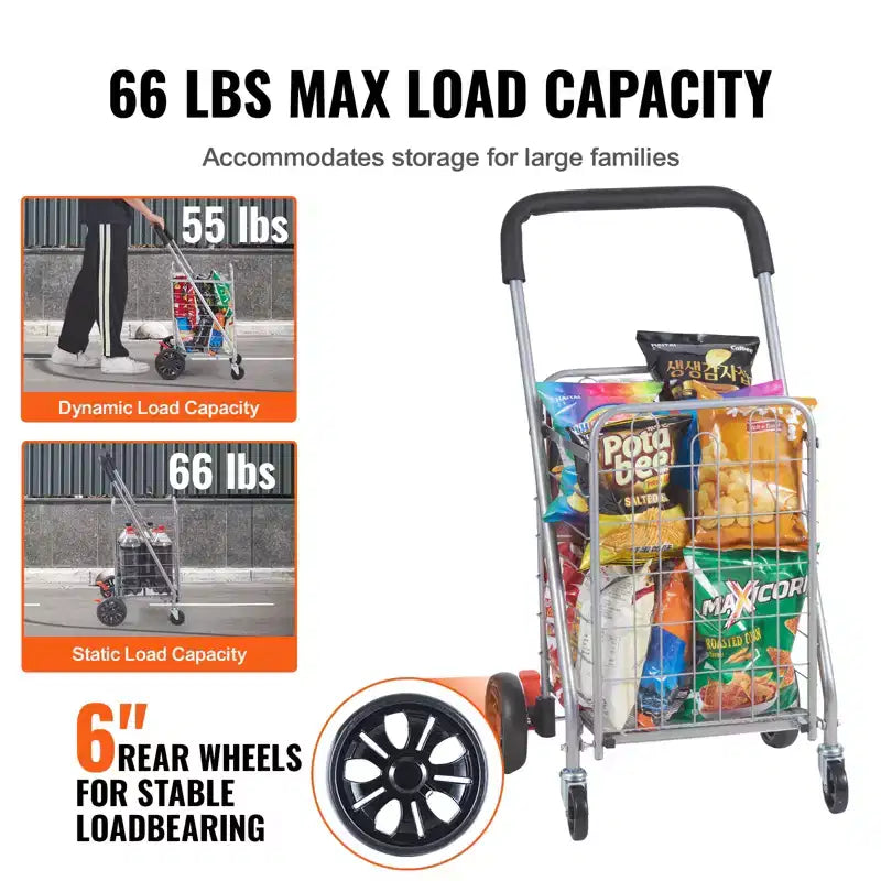 Chariot de courses pliable, capacité de charge maximale de 30 kg, chariot utilitaire d'épicerie avec roues pivotantes, panier à linge pliable robuste, argent