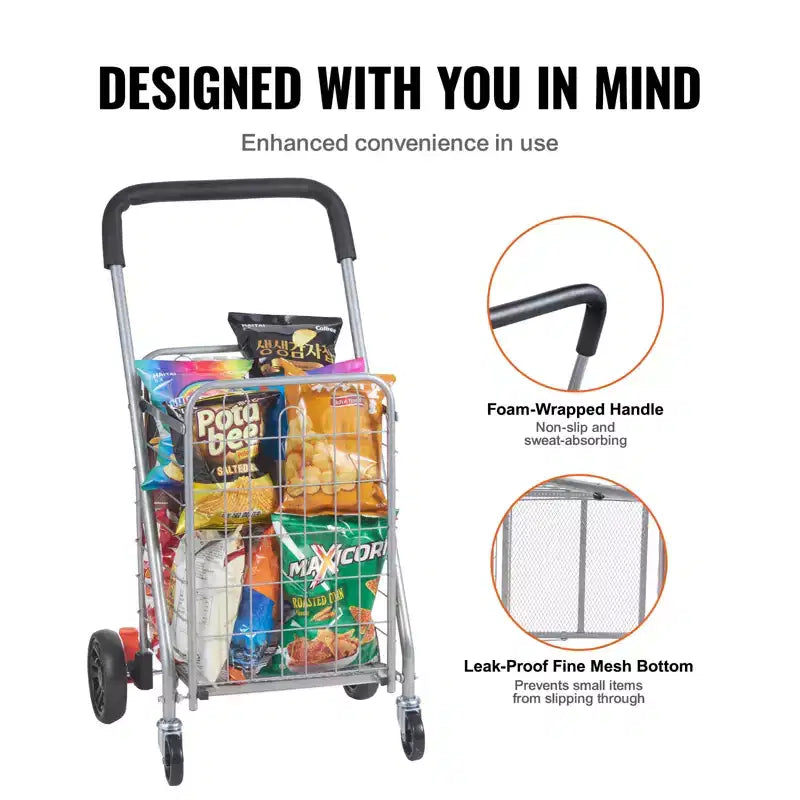Chariot de courses pliable, capacité de charge maximale de 30 kg, chariot utilitaire d'épicerie avec roues pivotantes, panier à linge pliable robuste, argent