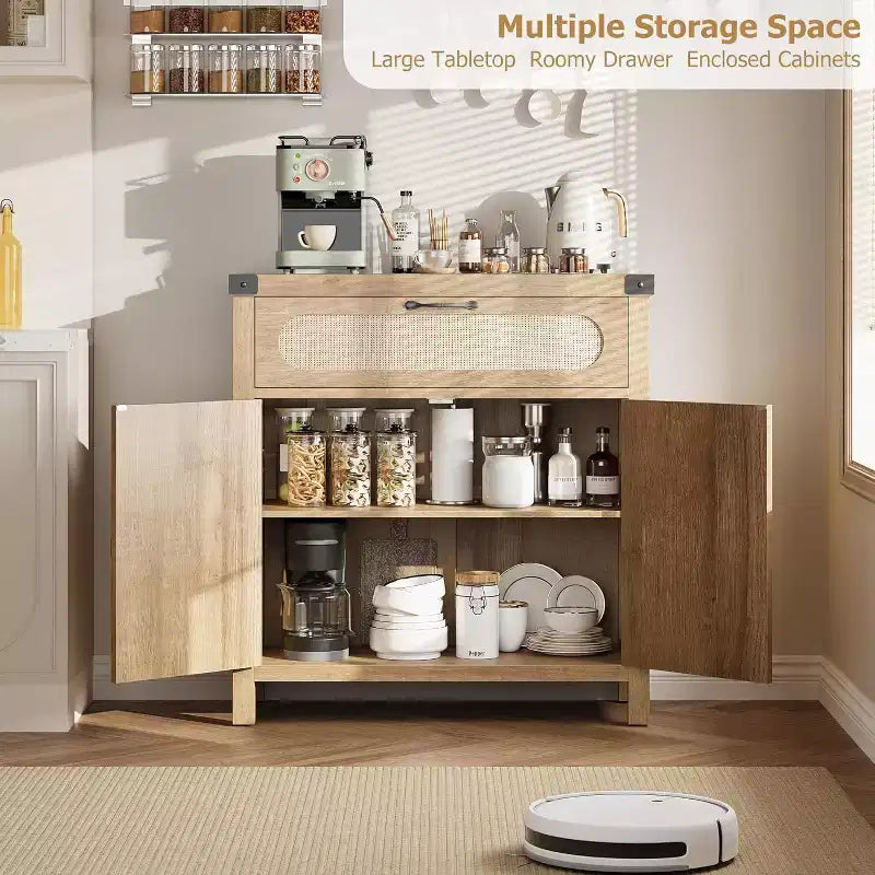 Buffets en rotin avec rangement, buffet en MDF, buffet en bois, meuble bar à café en bois bohème pour salle à manger, salon, naturel