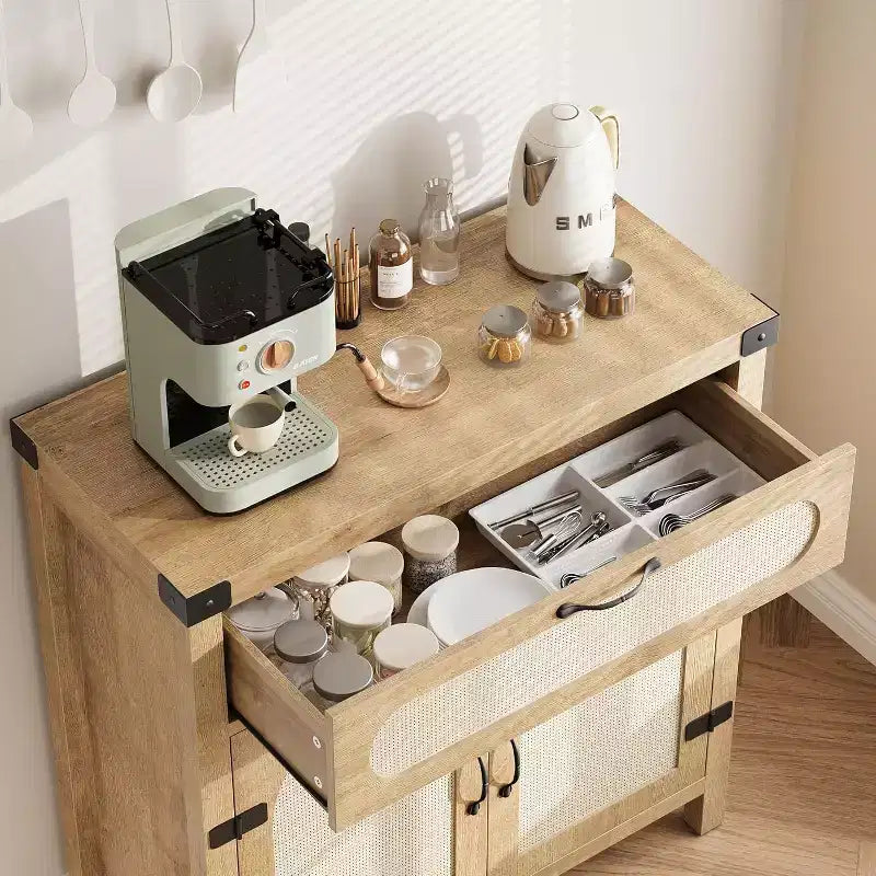 Buffets en rotin avec rangement, buffet en MDF, buffet en bois, meuble bar à café en bois bohème pour salle à manger, salon, naturel