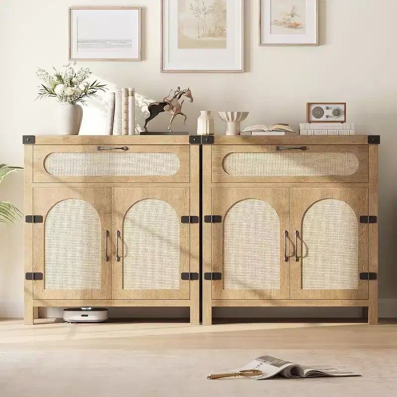 Buffets en rotin avec rangement, buffet en MDF, buffet en bois, meuble bar à café en bois bohème pour salle à manger, salon, naturel