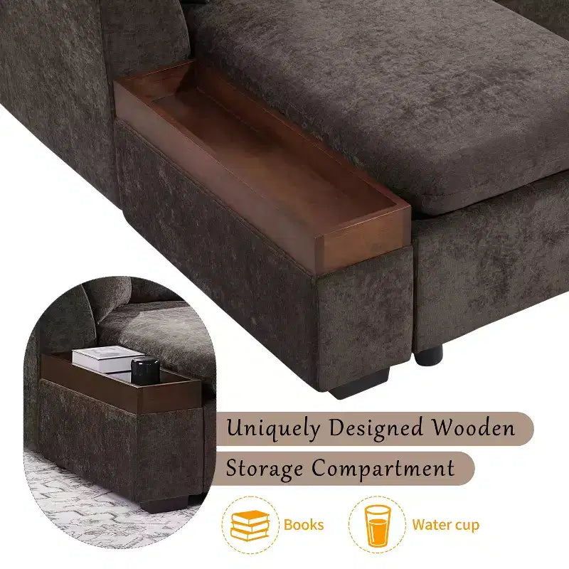 Canapé d'angle en tissu de 93,7 po avec rangement en bois