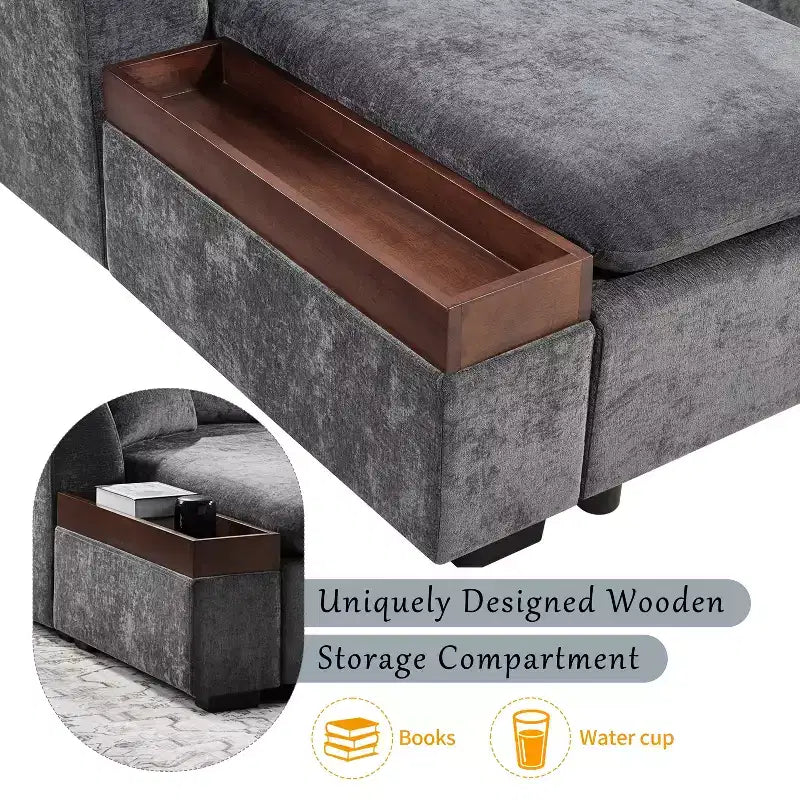 Canapé d'angle en tissu de 93,7 po avec rangement en bois