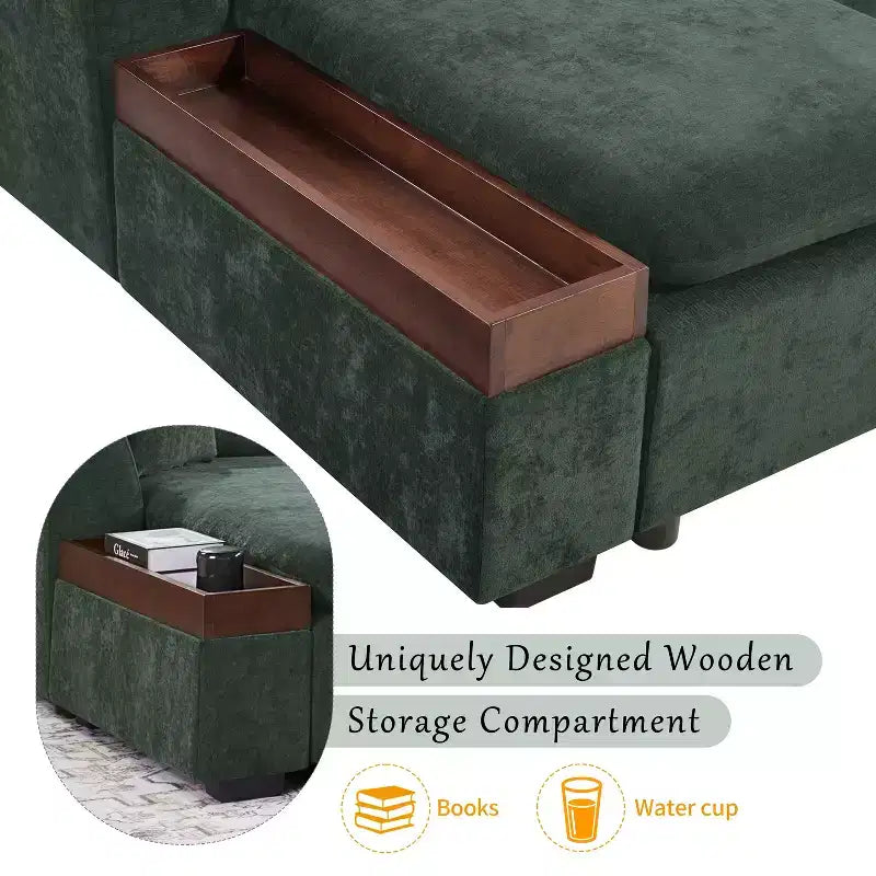 Canapé d'angle en tissu de 93,7 po avec rangement en bois