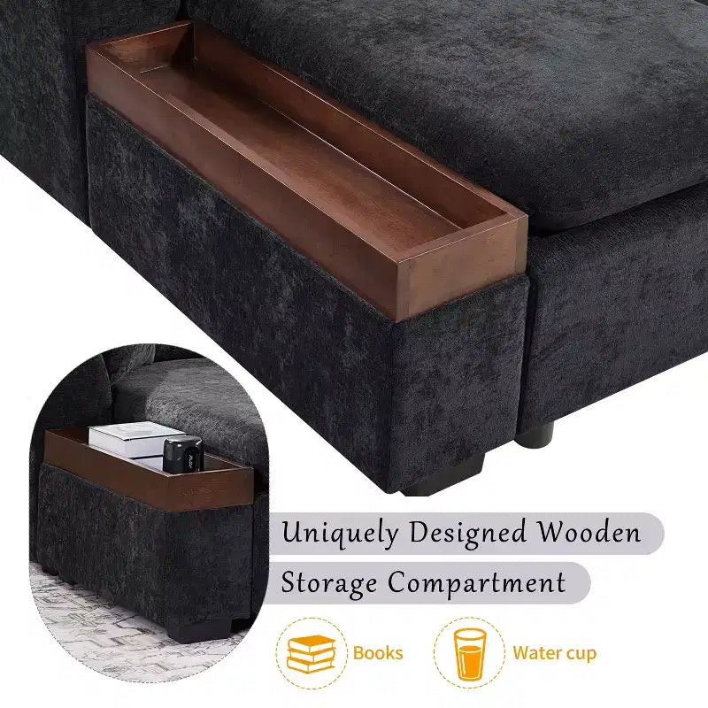 Canapé d'angle en tissu de 93,7 po avec rangement en bois