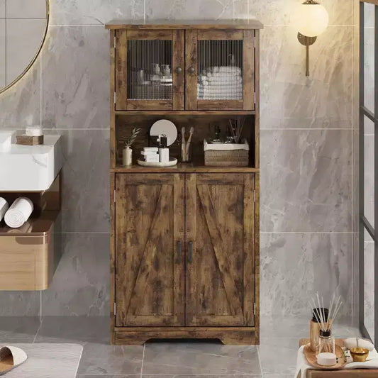 Meuble de cuisine de 137 cm de haut, meuble de rangement de style ferme avec portes vitrées et étagères réglables