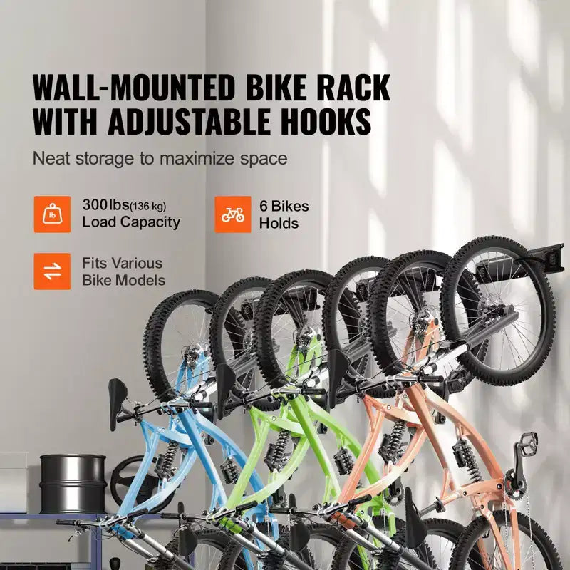 Support de rangement pour vélos, 6 supports pour vélos et 5 crochets pour casques, support mural pour vélos, organisateur pour la maison et le garage