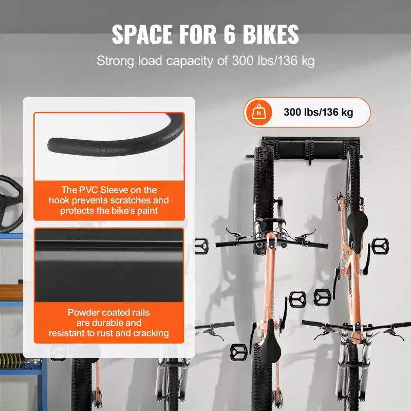 Support de rangement pour vélos, 6 supports pour vélos et 5 crochets pour casques, support mural pour vélos, organisateur pour la maison et le garage