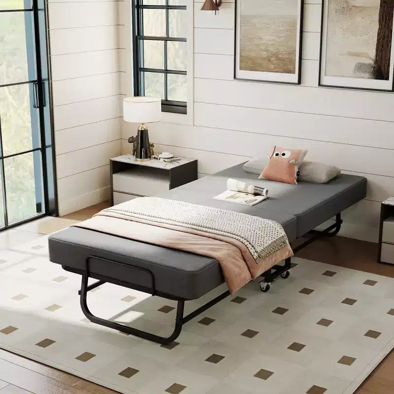 Lit pliant portable avec matelas en mousse à mémoire de forme, roues verrouillables et housse en lin respirante pour adultes