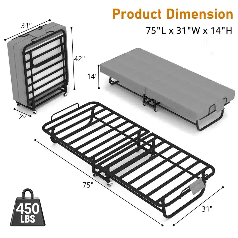 Lit pliant portable avec matelas en mousse à mémoire de forme, roues verrouillables et housse en lin respirante pour adultes