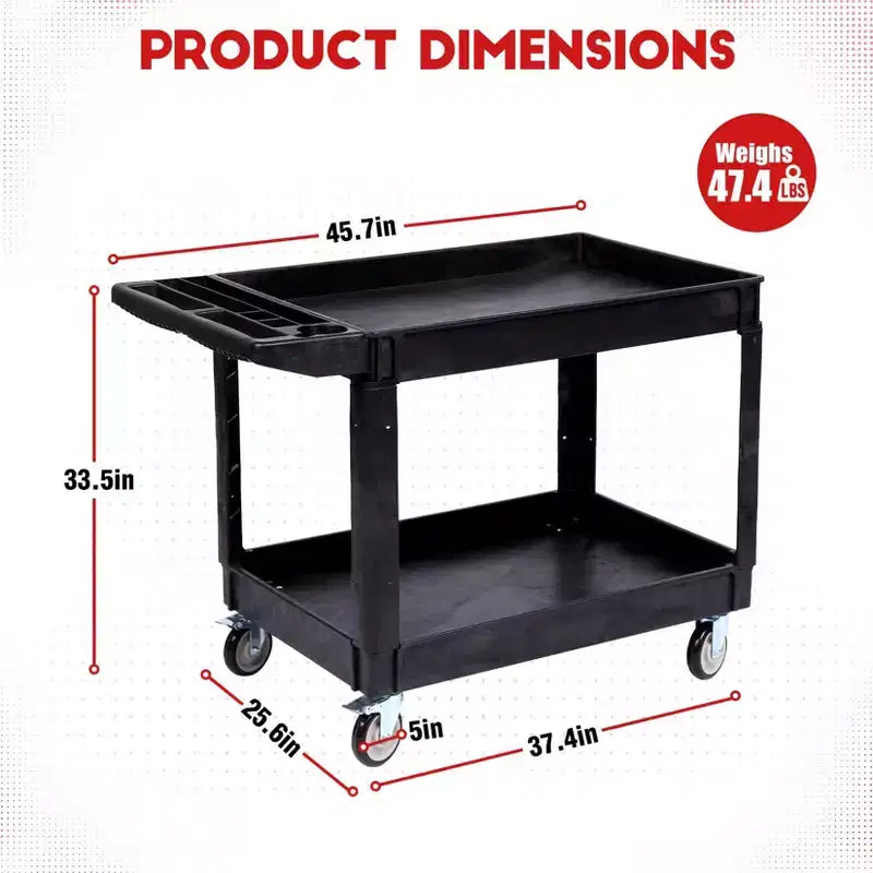 Chariot de service roulant à 2 niveaux avec roues, 101,6 x 43,2 cm, Chariot utilitaire en plastique de 250 kg, Établis pour garage, entrepôt, atelier
