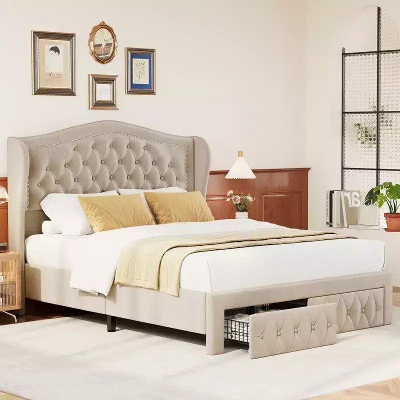 Cadre de lit Queen Size, Lit plateforme rembourré en velours avec 2 tiroirs de rangement, Tête de lit haute à oreilles, Lattes en bois, Pas besoin de sommier tapissier