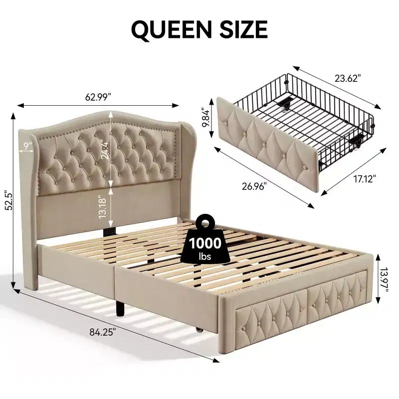 Cadre de lit Queen Size, Lit plateforme rembourré en velours avec 2 tiroirs de rangement, Tête de lit haute à oreilles, Lattes en bois, Pas besoin de sommier tapissier