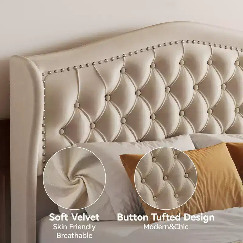 Cadre de lit Queen Size, Lit plateforme rembourré en velours avec 2 tiroirs de rangement, Tête de lit haute à oreilles, Lattes en bois, Pas besoin de sommier tapissier