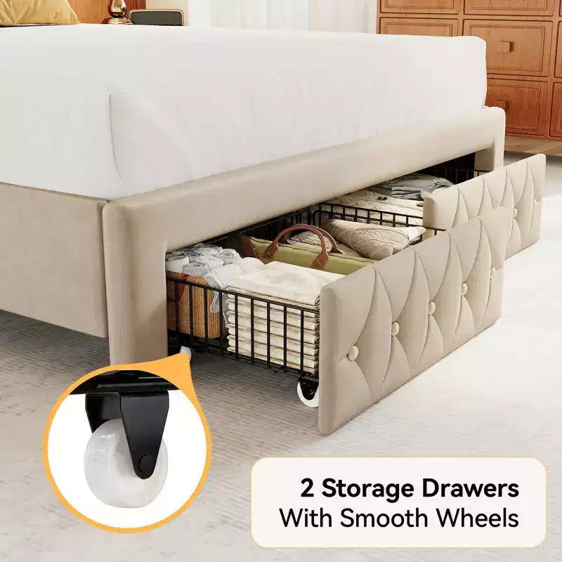 Cadre de lit Queen Size, Lit plateforme rembourré en velours avec 2 tiroirs de rangement, Tête de lit haute à oreilles, Lattes en bois, Pas besoin de sommier tapissier