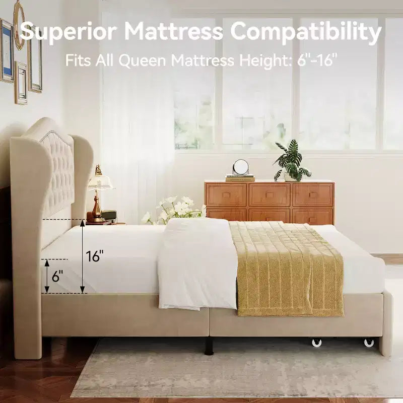 Cadre de lit Queen Size, Lit plateforme rembourré en velours avec 2 tiroirs de rangement, Tête de lit haute à oreilles, Lattes en bois, Pas besoin de sommier tapissier