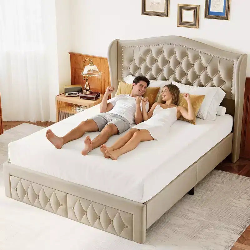 Cadre de lit Queen Size, Lit plateforme rembourré en velours avec 2 tiroirs de rangement, Tête de lit haute à oreilles, Lattes en bois, Pas besoin de sommier tapissier