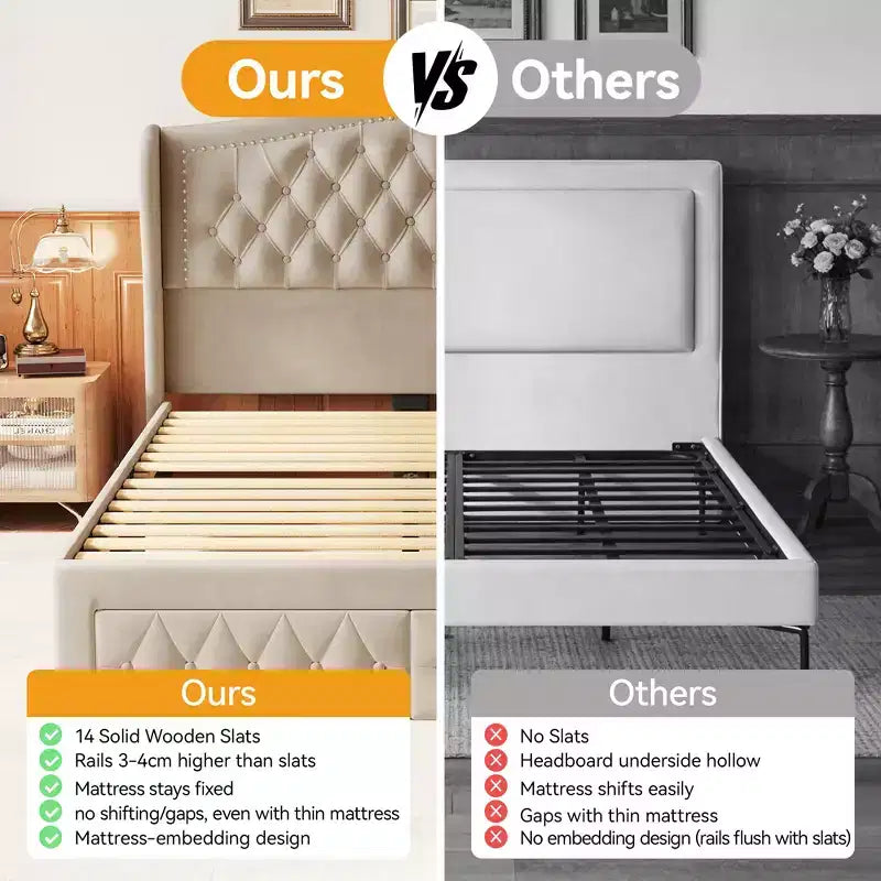 Cadre de lit Queen Size, Lit plateforme rembourré en velours avec 2 tiroirs de rangement, Tête de lit haute à oreilles, Lattes en bois, Pas besoin de sommier tapissier