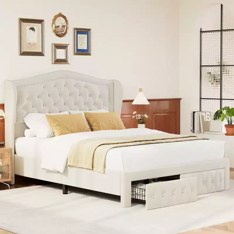 Cadre de lit Queen Size, Lit plateforme rembourré en velours avec 2 tiroirs de rangement, Tête de lit haute à oreilles, Lattes en bois, Pas besoin de sommier tapissier