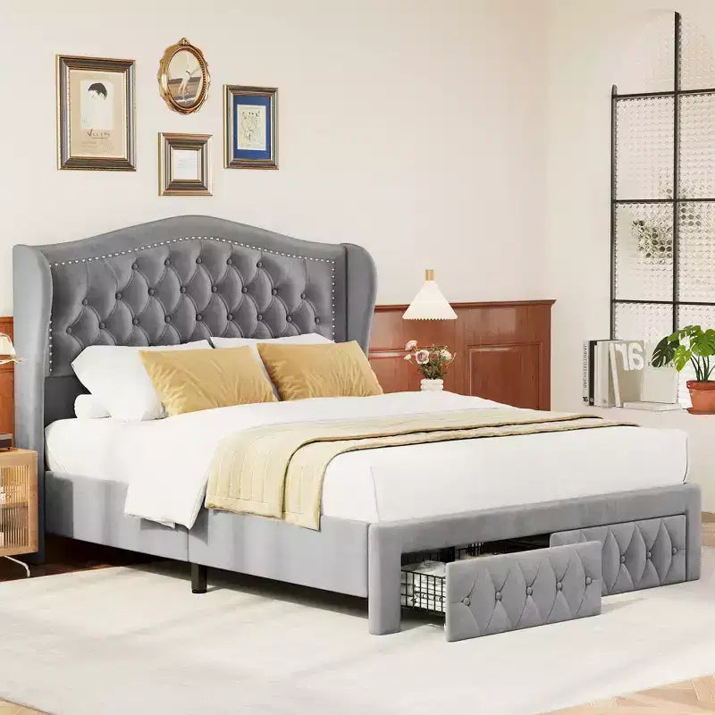 Cadre de lit Queen Size, Lit plateforme rembourré en velours avec 2 tiroirs de rangement, Tête de lit haute à oreilles, Lattes en bois, Pas besoin de sommier tapissier